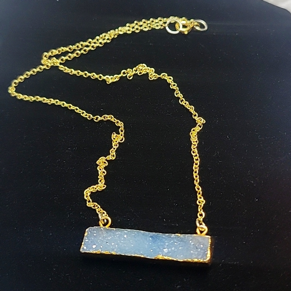 Artisan Gold Plated Blue Agate Druzy Bar Necklace